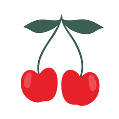 Two Cherry with Stem and Leaf Icon Illustration
