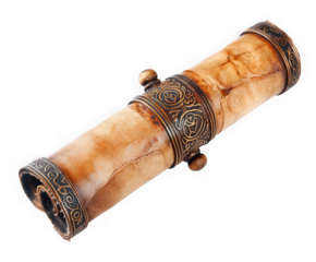 Antique rolled parchment scroll with ornate metal embellishments isolated on transparent background