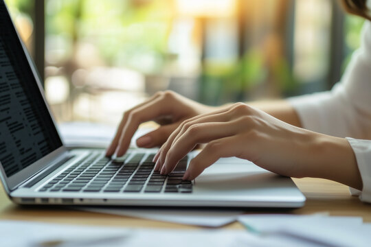 Female hands office manager typing on laptop. Closeup of businesswoman typing on laptop computer