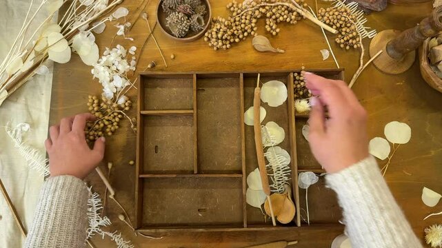 Woman arranges dried flowers, grasses, and seed pods in a handmade wooden organizer. Final step of creating a rustic botanical collage. Top-down view of a cozy, natural decor project
