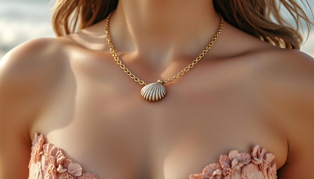 woman in a soft pink dress with lace details, showcasing her shell necklace outdoors with a serene background, natural light, elegant, detailed, 4K and HD image.