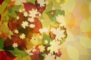 Abstract flat design is showing translucent maple leaf silhouettes in warm autumn hues, copy space