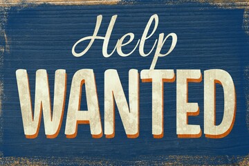 Flat design help wanted sign is sitting on blue board, showing off-white text with orange shadow