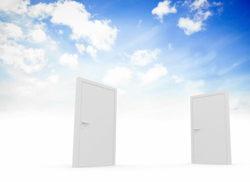 Fototapeta Two white doors are standing on white ground under blue sky with clouds in flat design