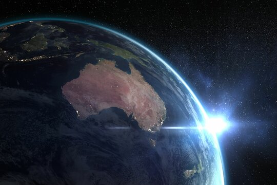 Naklejki Digitally composite image of sun rising behind planet