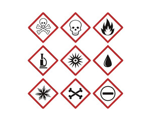 Obraz premium This image displays a collection of Globally Harmonized System (GHS) hazard pictograms, commonly used on chemical containers to indicate potential dangers.