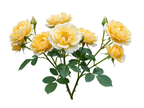 A cluster of delicate yellow roses with green leaves and buds isolated on transparent background