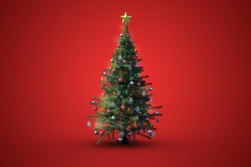 Decorated evergreen tree is standing on red background in flat design, with gold star and baubles