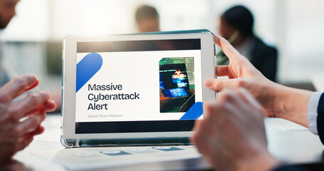 Business people, hands and cybersecurity with tablet screen for threat detection, alert or attack. Group, employees or meeting with technology display or app for network safety or security measure