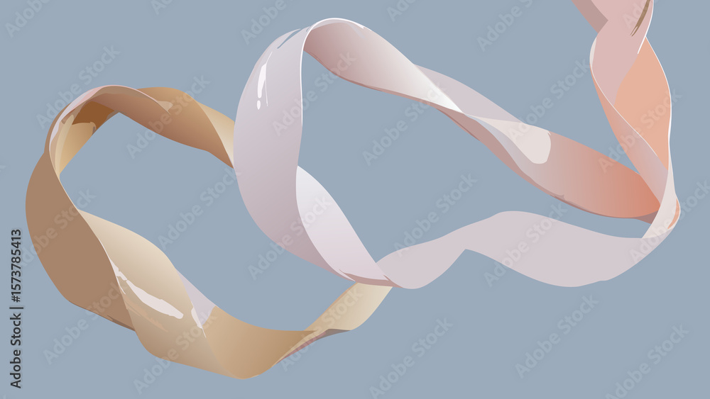 Poster abstract rendering of two intertwined ribbons in shades of beige and white against a gray background