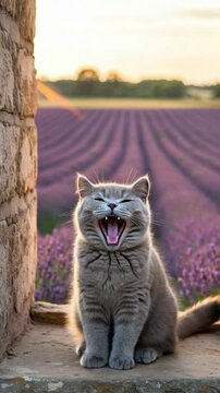 A Grey British Shorthair at the Lavender Window.
A chubby Grey British Shorthair kitten sits on a stone windowsill, framed by blooming lavender and golden sunset.