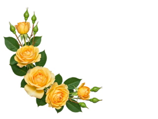 Beautiful yellow roses and buds arranged in a corner border isolated on transparent background