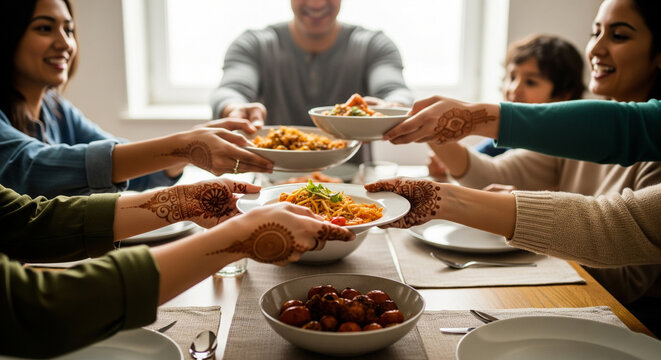 Warm family shares plates of delicious Indian food, creating a joyful gathering filled with love and togetherness.