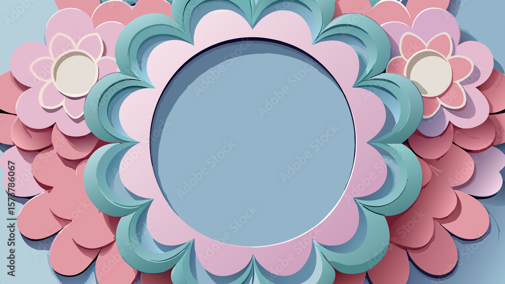 Poster pastel paper flowers arranged in a circle frame with a light blue background and empty space inside 