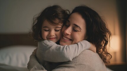A joyful intimate moment between a mother and her child sharing a warm embrace in the comfortable setting of a bedroom on a weekend at home  The soft