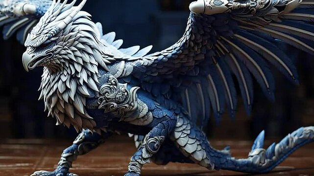 white griffin in Delfts Blauw realistis, highly detailed,ai generative