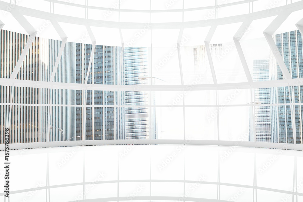 Poster vaulted white atrium is showcasing curved grid beams and windows with shiny floor in flat design