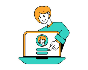 Login Flat design style, person tapping login form on a laptop screen, symbolizing account access, ideal for apps, onboarding, or authentication UI assets.