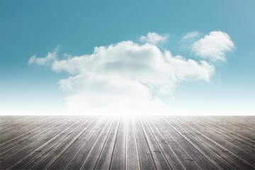 Large white cloud floating in blue sky above wooden deck in flat design, with small wisps