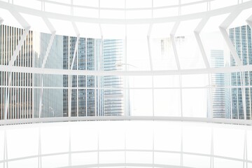 Vaulted white atrium is showcasing curved grid beams and windows with shiny floor in flat design