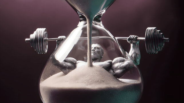 Melting hourglass with sand forming muscular arms, depicting time's paradoxical strength.
