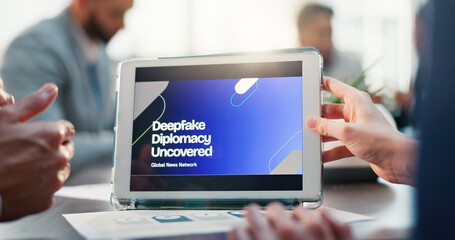 Business people, hands and meeting with tablet screen for global news, information or network. Closeup, employees or group with technology display or AI for NGO, diplomacy or proposal in workplace