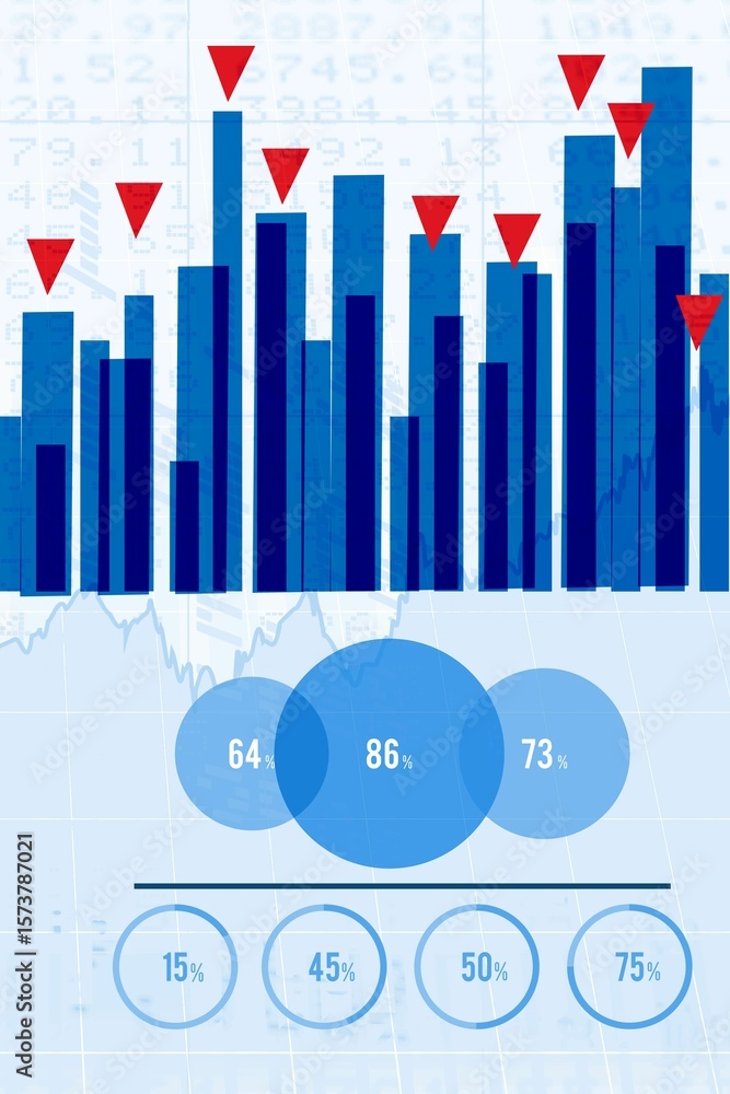 Aufkleber flat infographic is showing vertical blue bars with red triangles and percentage circles on grid