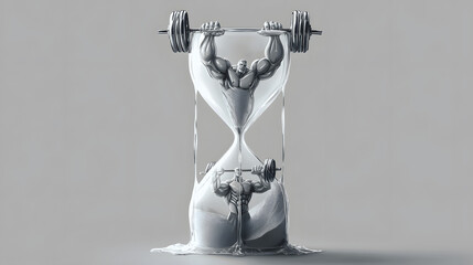 Melting hourglass with sand forming muscular arms, depicting time's paradoxical strength.
