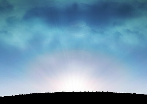 Fototapeta Bright sunrise with radiating beams is glowing in flat style, featuring jagged ridge silhouette