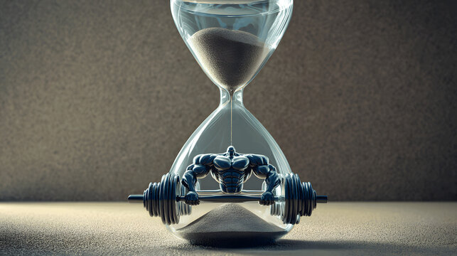 Melting hourglass with sand forming muscular arms, depicting time's paradoxical strength.
