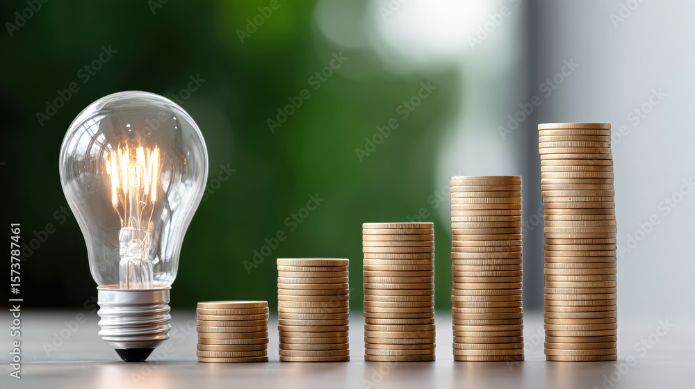 Poster conceptual image of light bulb with stacks of coins representing financial growth and investment in 