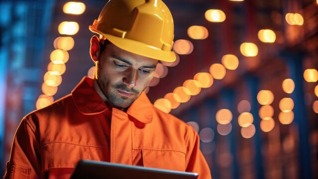 Worker in hard hat using tablet at construction site at night - Powered by Adobe