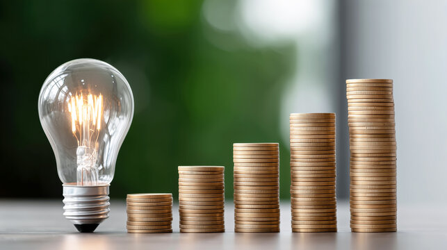 Conceptual Image of Light Bulb with Stacks of Coins Representing Financial Growth and Investment in Energy Efficiency in a Modern Workspace - Powered by Adobe