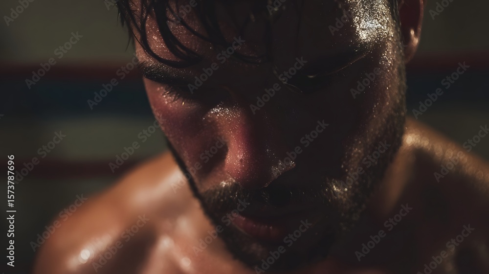 Poster determined male boxer sweating and deeply concentrating during intense training session in gym recov