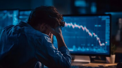 Stressed businessman monitoring market graphs and data on computer screen in office feeling worried and frustrated about market crash and lost revenue at night