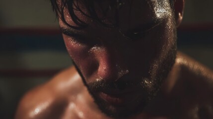 Determined male boxer sweating and deeply concentrating during intense training session in gym recovering and resting with exhausted expression