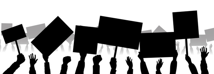 Silhouettes of protesters raising blank placards during a demonstration, symbolizing activism, freedom of speech, and social movement.