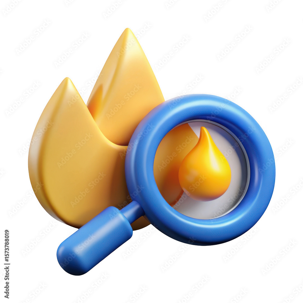 Poster 3d flame and magnifying glass icon isolated on transparent background
