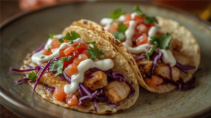 Close-up of Mexican chicken tacos with tomato salsa, sour cream, red cabbage, and cilantro on a ceramic plate, styled to look fresh and appetizing.