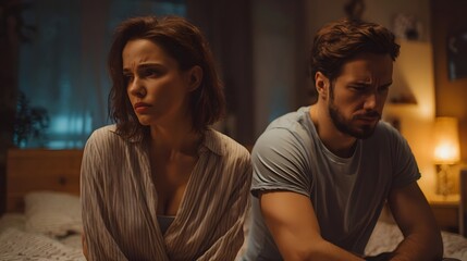 A couple engaged in a heated argument their faces expressing frust n and unease as they sit on the bed in their bedroom the lighting creating a cinematic contemporary atmosphere