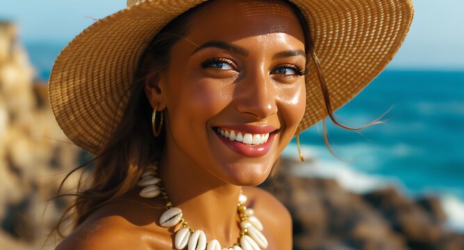 Beautiful woman with a radiant smile wearing a sun hat enjoying the beach, a sunny day