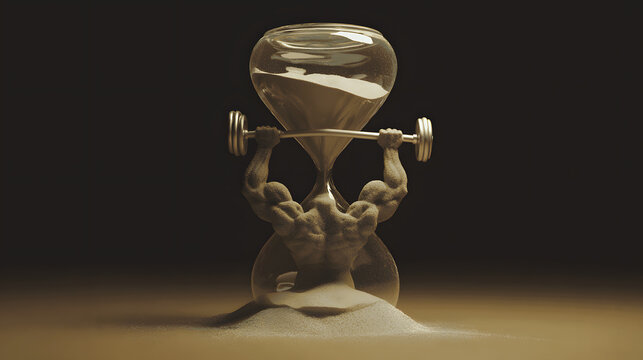 Melting hourglass with sand forming muscular arms, depicting time's paradoxical strength.
