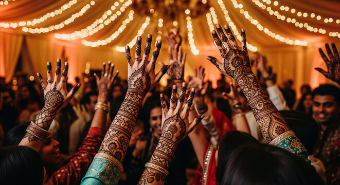 Celebrating love with henna patterned hands raised at Indian Sangeet celebration, festive occasion with traditional bridal design