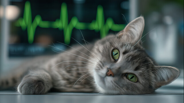 Cat in Veterinary Clinic with ECG Monitor – Emergency Cardiology Scene