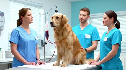 Calm Golden Retriever Receiving Blood Transfusion Supervised by Two Veterinarians in Light Blue Scrubs