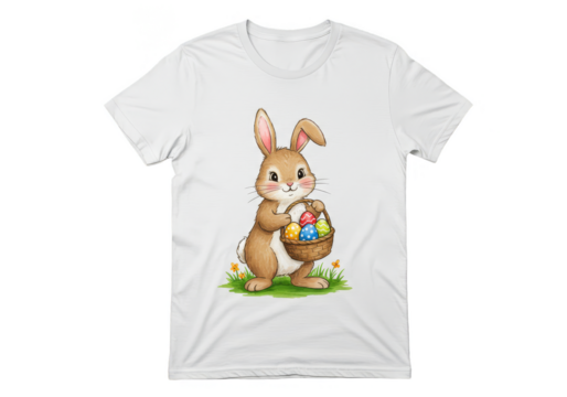 Illustration White T-Shirt with Bunny Holding Easter Eggs Basket Design - Powered by Adobe