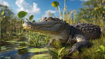 Sunlit Alligator Resting in Wetland – Everglades Reptile and Ecosystem