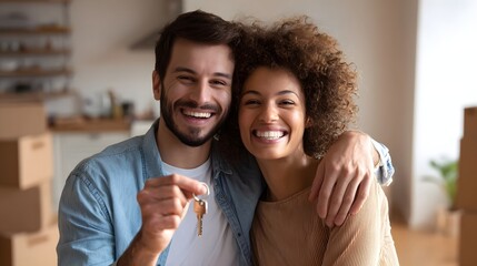 Obraz premium A joyful couple enthusiastically celebrating their new home purchase and upcoming relocation holding a house key and smiling together in a contemporary living room setting