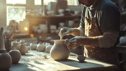 Crafting pottery at a local studio in the afternoon sunlight with a skilled artisan shaping delicate clay
