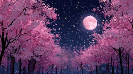 Pink cherry blossoms under a full moon at night